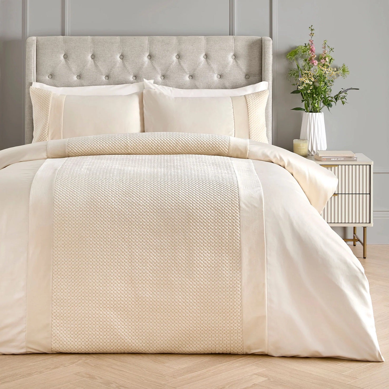 Velvet Satin Duvet Cover Set with Pinsonic Quilt Detail, King, Natural