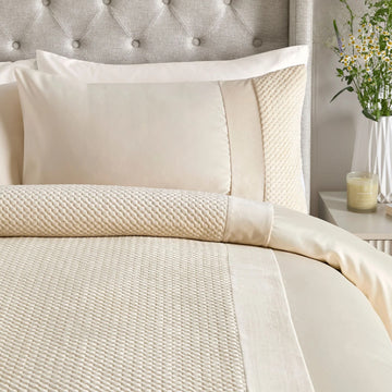 Velvet Satin Duvet Cover Set with Pinsonic Quilt Detail, King, Natural