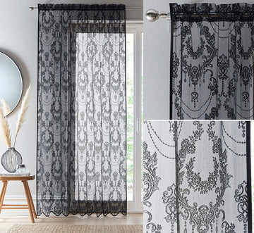 229cm Black Damask Vintage Lace Voile Curtains Panel 90"