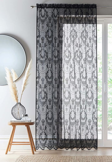 229cm Black Damask Vintage Lace Voile Curtains Panel 90"