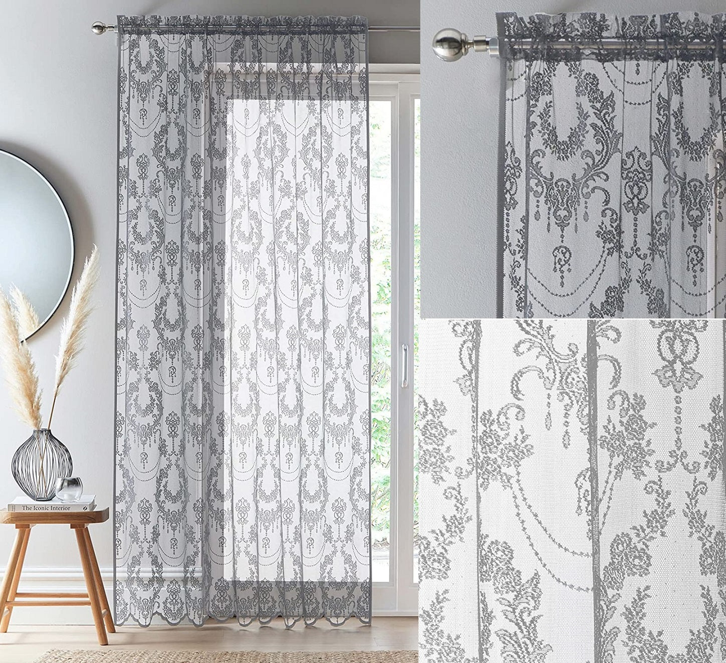 229cm Grey Damask Vintage Lace Voile Curtains Panel