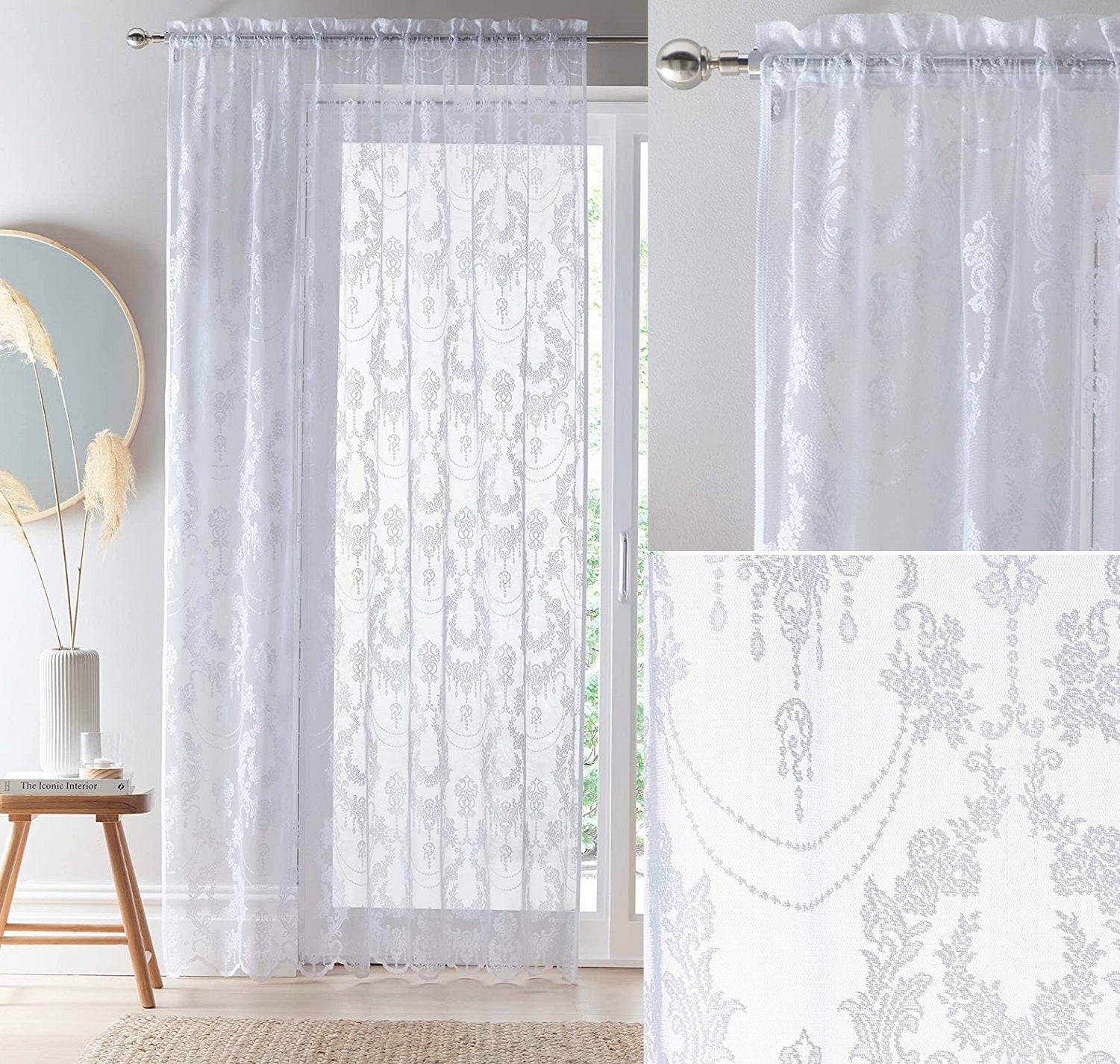 137cm White Damask Vintage Lace Voile Curtains Panel
