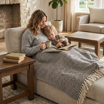 Herringbone Sofa Bed Throw Large 170x200cm, Charcoal Grey