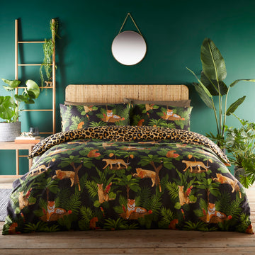Jungle Cats Duvet Cover Set, King, Black & Green