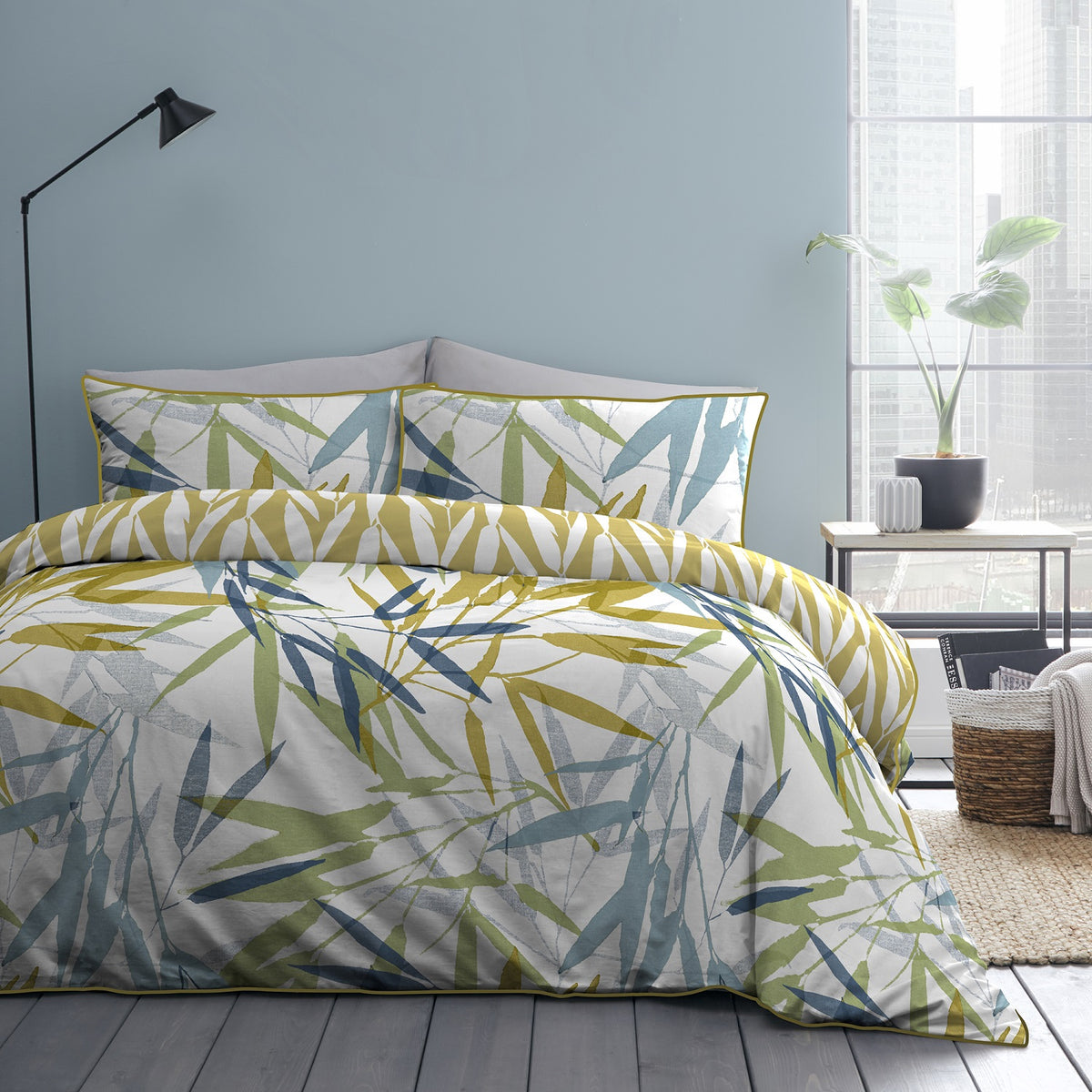 Appletree 100% Cotton Tropical Leaf Double Duvet Cover Set - Kata Ochre, Green & Grey