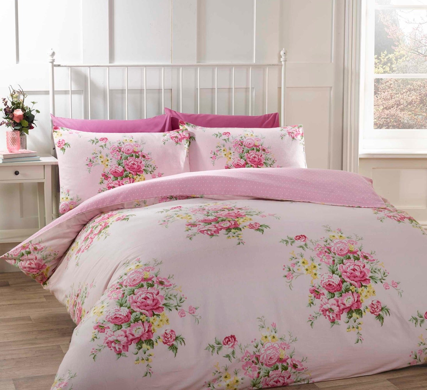 Shabby Chic Brushed Cotton Flannelette Duvet Cover Set, Super King, Pink