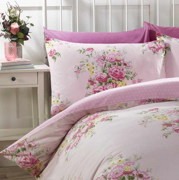 Shabby Chic Brushed Cotton Flannelette Duvet Cover Set, Super King, Pink