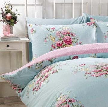 Shabby Chic Brushed Cotton Flannelette Duvet Cover Set, Super King, Blue