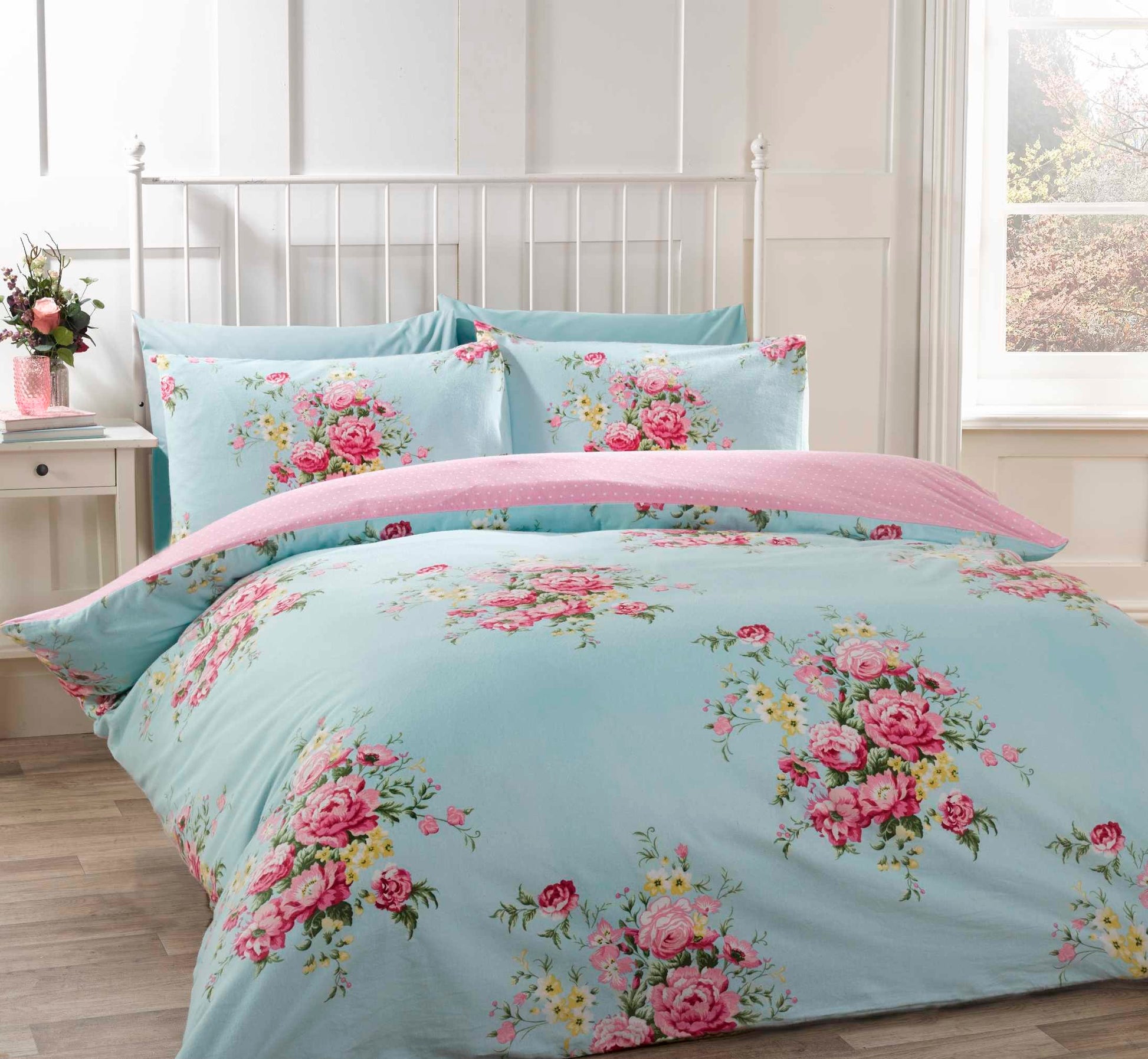 Shabby Chic Brushed Cotton Flannelette Duvet Cover Set, Super King, Blue