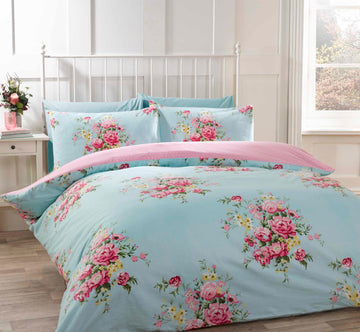 Shabby Chic Brushed Cotton Flannelette Duvet Cover Set, Super King, Blue