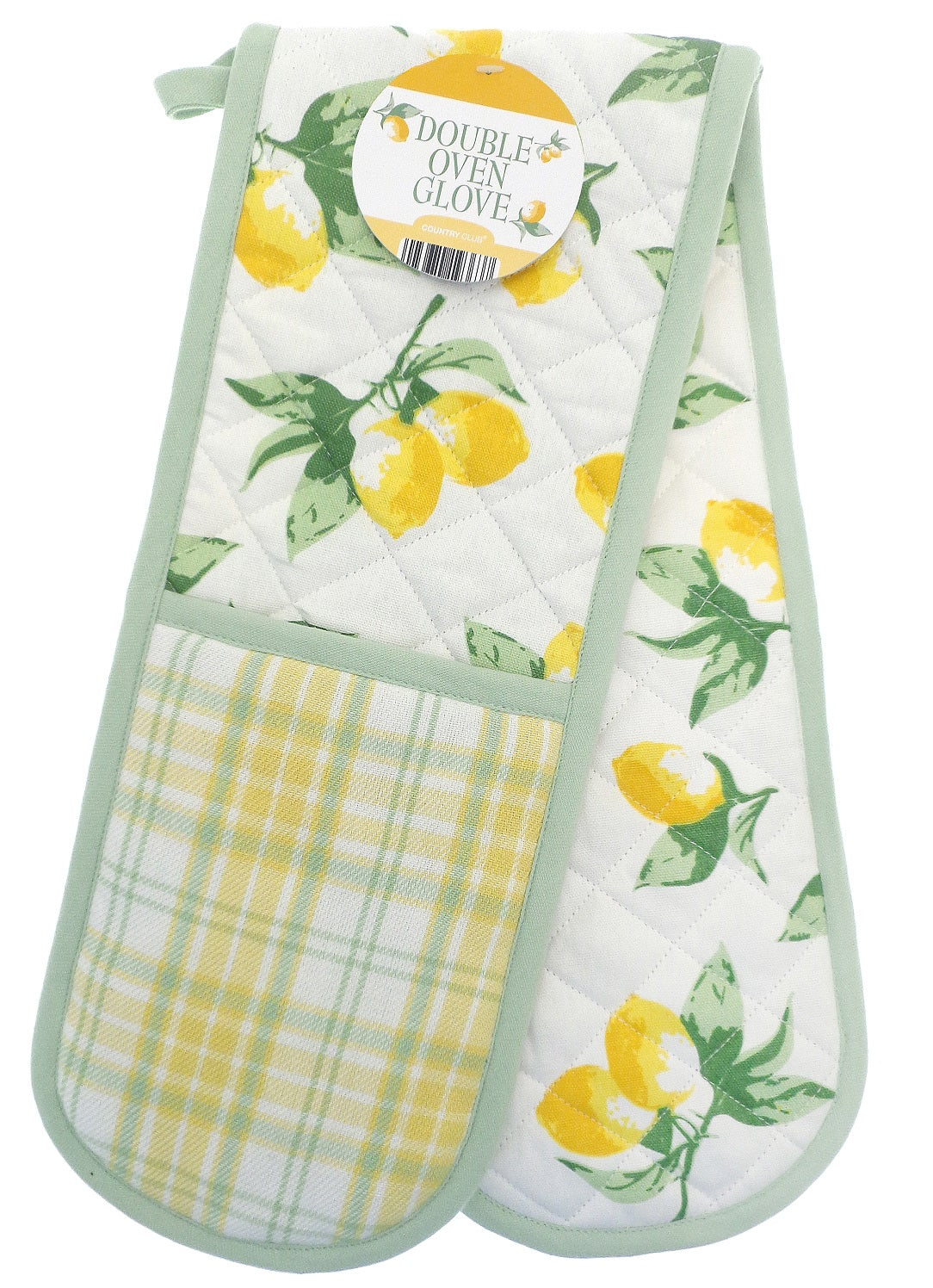 Lemons Double Oven Gloves 100% Cotton, Green & Yellow