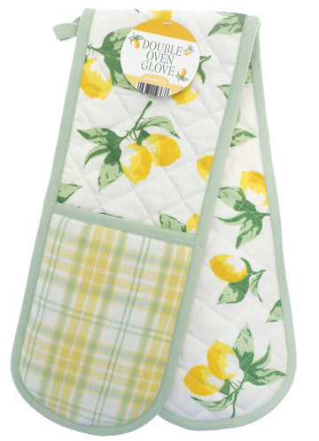 Lemons Double Oven Gloves 100% Cotton, Green & Yellow