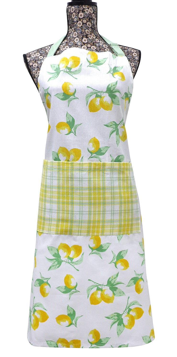 Lemons Apron With Pocket 100% Cotton - Green & Yellow