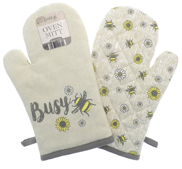 Bees & Flowers Single Oven Glove Mitt - Grey & Ochre