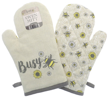 Bees & Flowers Single Oven Glove Mitt - Grey & Ochre