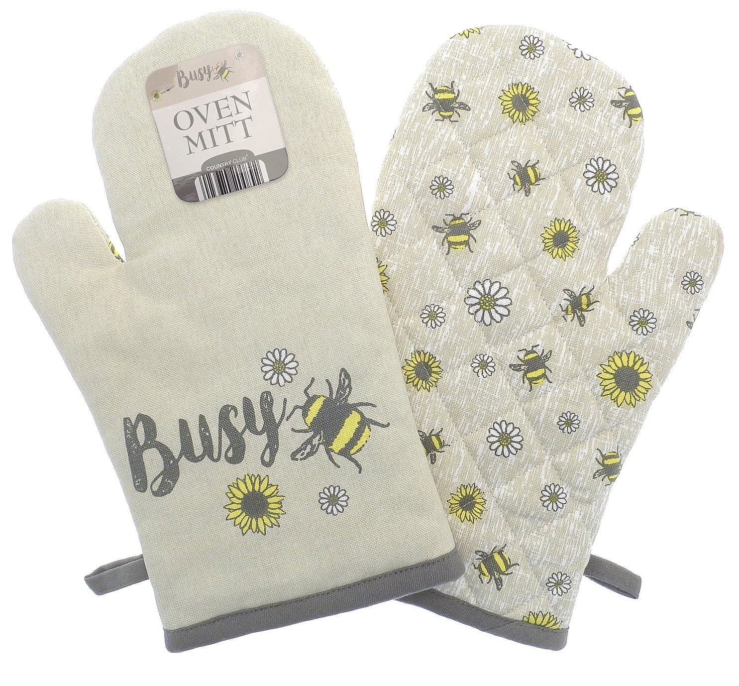 Bees & Flowers Single Oven Glove Mitt - Grey & Ochre