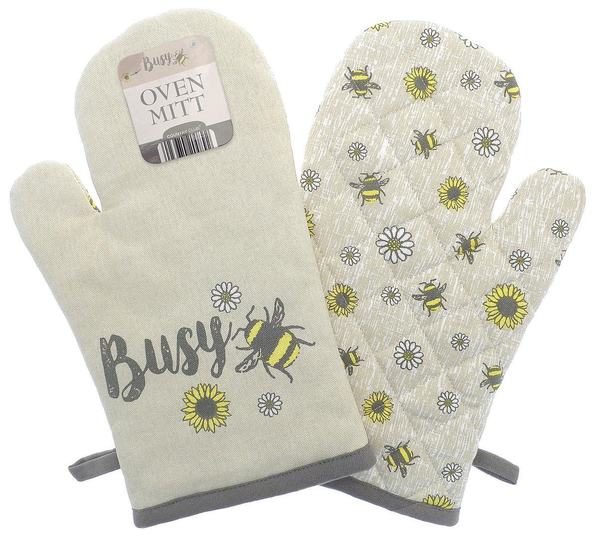 Bees & Flowers Single Oven Glove Mitt - Grey & Ochre