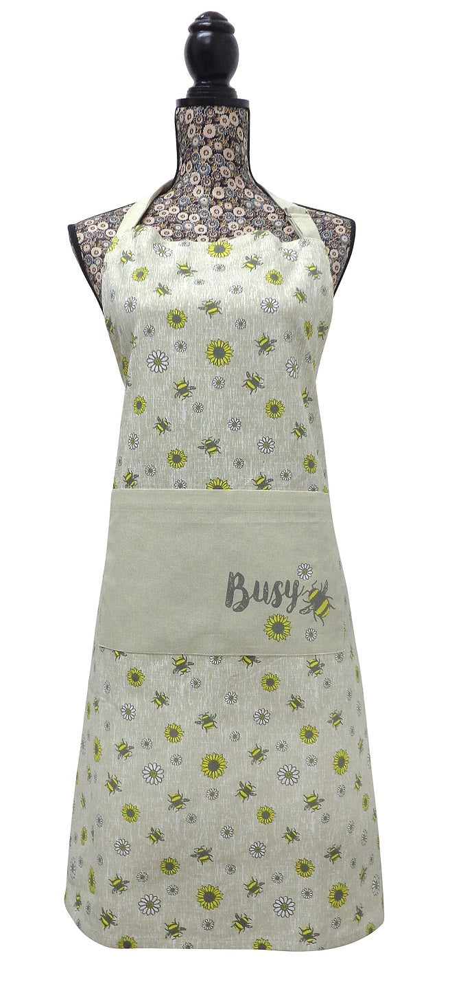 Bees & Flowers Apron With Pocket - Grey & Ochre