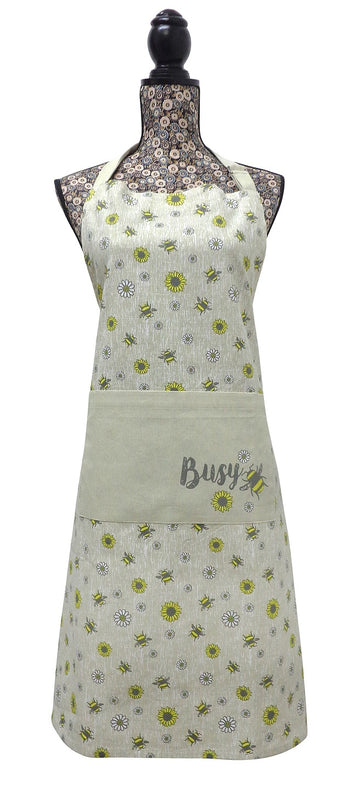 Bees & Flowers Apron With Pocket - Grey & Ochre