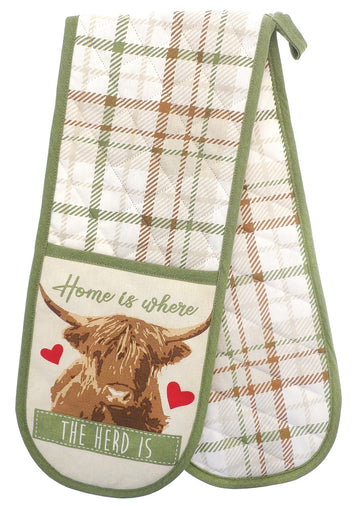 Highland Cow Herd 100% Cotton Double Oven Gloves - Green & Brown