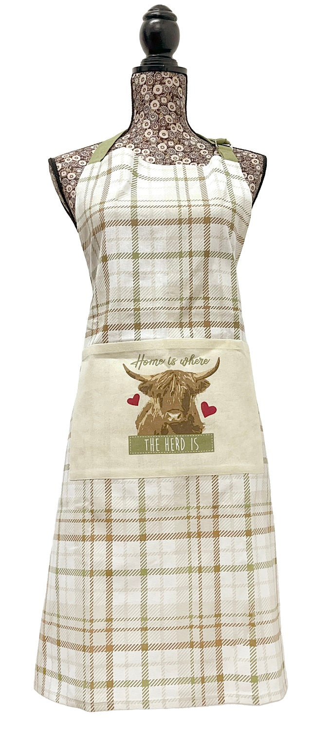 Highland Cow Herd 100% Cotton Apron With Pocket - Green & Brown