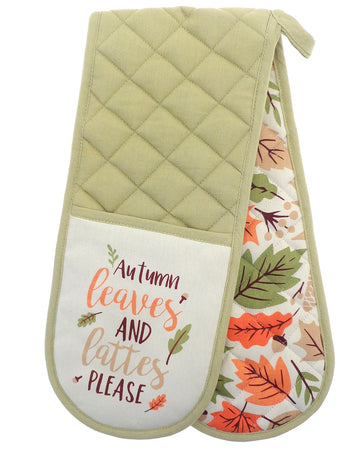 Autumn Leaves Double Oven Gloves 100% Cotton, Green