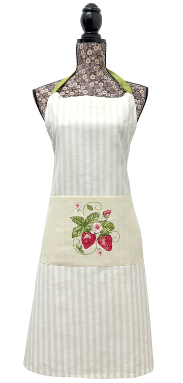 Strawberries 100% Cotton Apron With Pocket - Red
