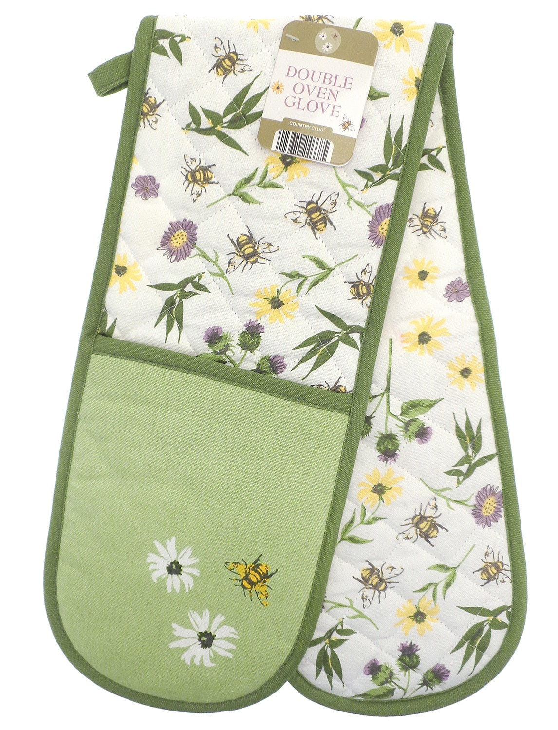 Meadow Floral Bee 100% Cotton Double Oven Gloves, Green & Yellow