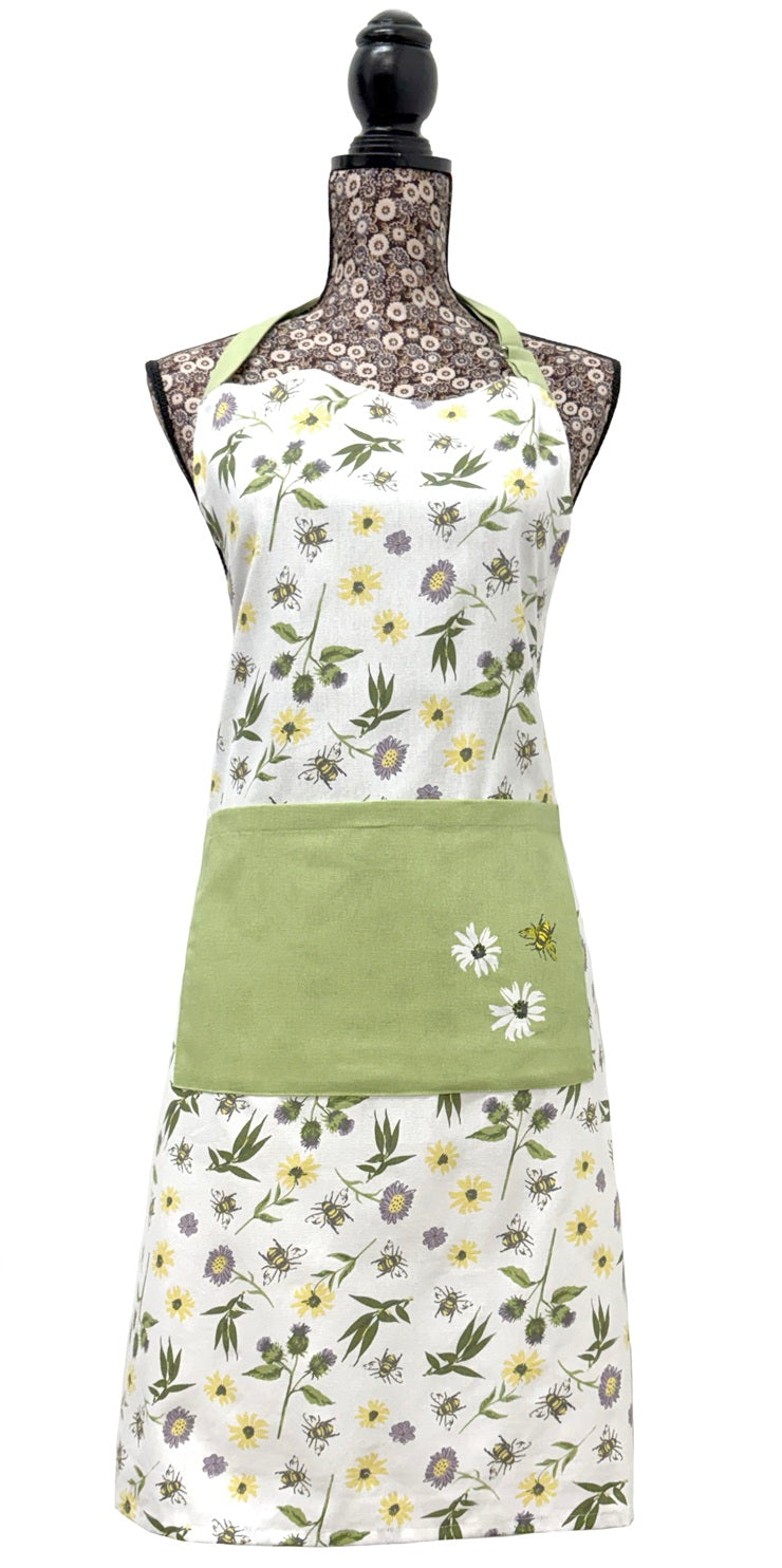 Meadow Floral Bee 100% Cotton Apron With Pocket - Green