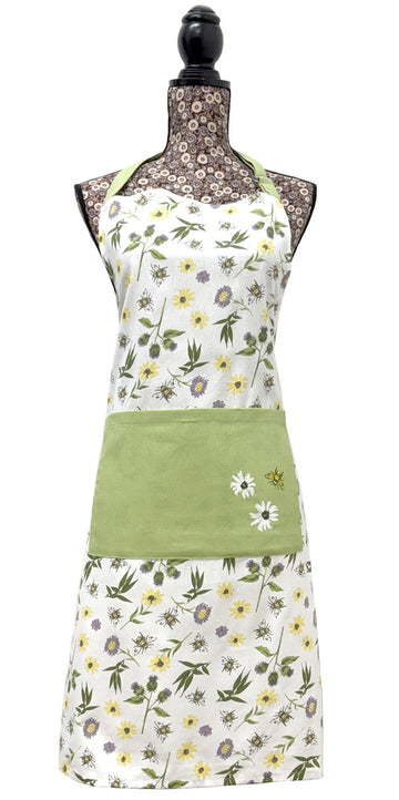 Meadow Floral Bee 100% Cotton Apron With Pocket - Green