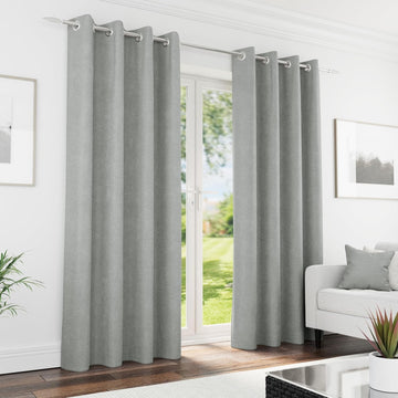 Chenille Grey 100% Blackout Curtains Pair Thermal Eyelet Ring Top 229cm 90x90"