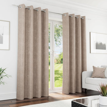 Chenille Sand Natural 100% Blackout Curtains Pair Thermal Eyelet Ring Top 229cm 90x90"