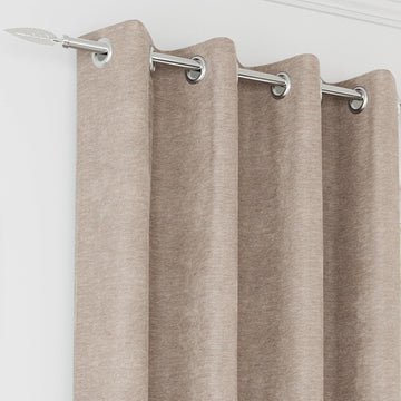 Chenille Sand Natural 100% Blackout Curtains Pair Thermal Eyelet Ring Top 229cm 90x90"