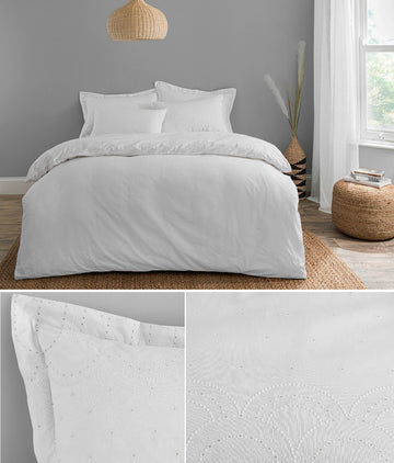 100% Cotton White Duvet Cover Embroidered Bedding Set - Super King