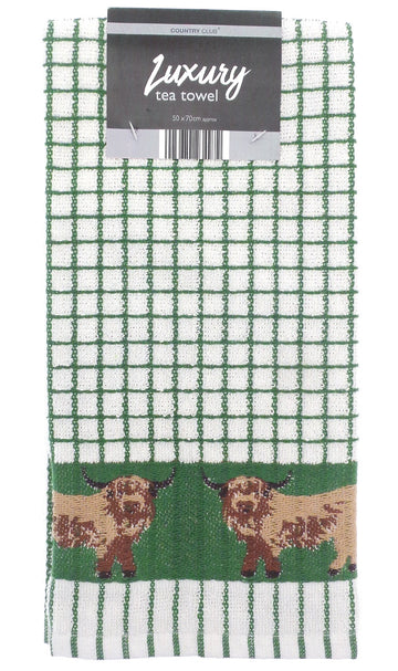 Highland Cow Kitchen Tea Towel - Green