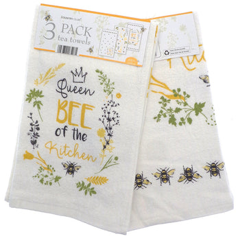 3pk Queen Bees & Flowers Tea Towels - Ochre Yellow