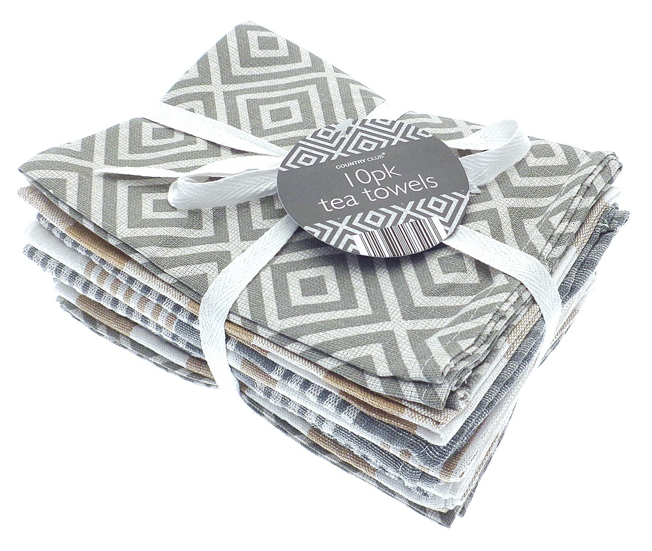 10 Pack x 100% Cotton Geometric Kitchen Tea Towel - Grey