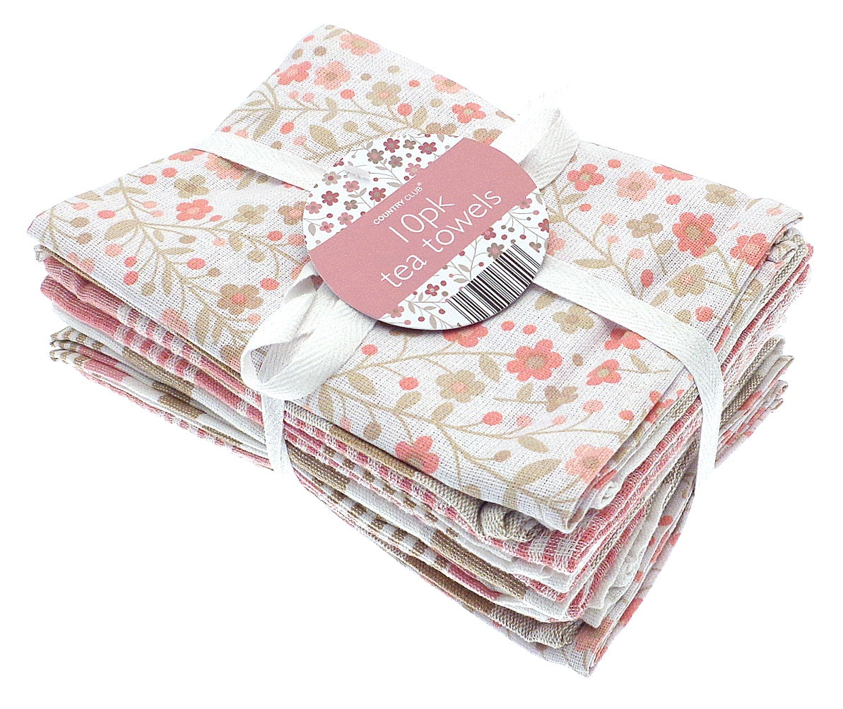 10 Pack x 100% Cotton Floral Kitchen Tea Towel - Blush Pink
