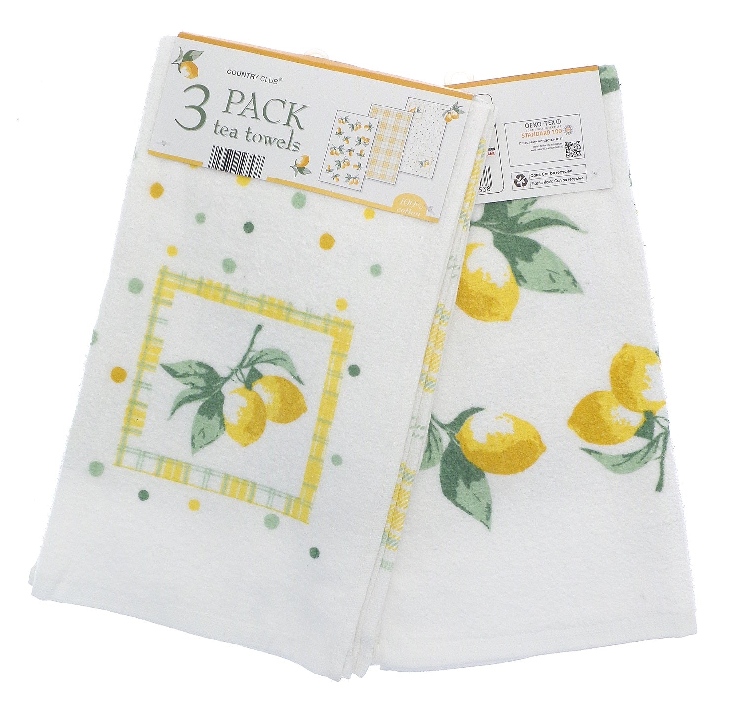 3pk Lemons Kitchen Tea Towel - Green & Yellow