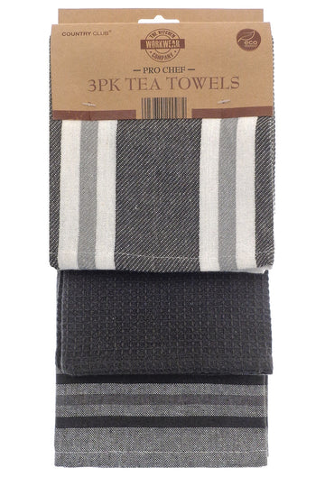 3pk Pro Chef Stripe Kitchen Tea Towel - Black & Grey