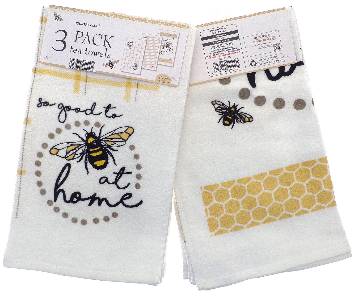 3pk Bee At Home Kitchen Tea Towel - Black & Yellow