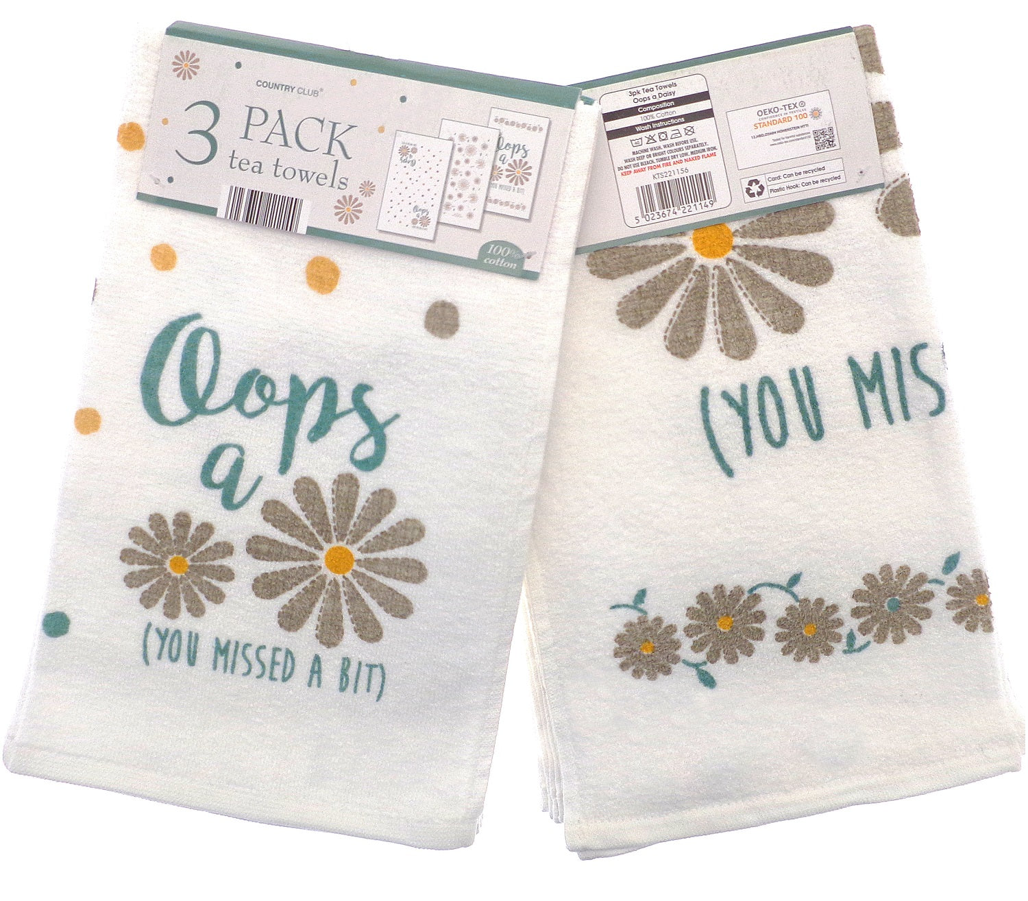 3pk Oops A Daisy Kitchen Tea Towel - Teal & Beige