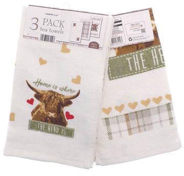 3pk Highland Cow Herd Kitchen Tea Towel - Green