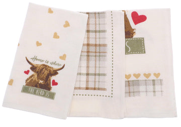 3pk Highland Cow Herd Kitchen Tea Towel - Green