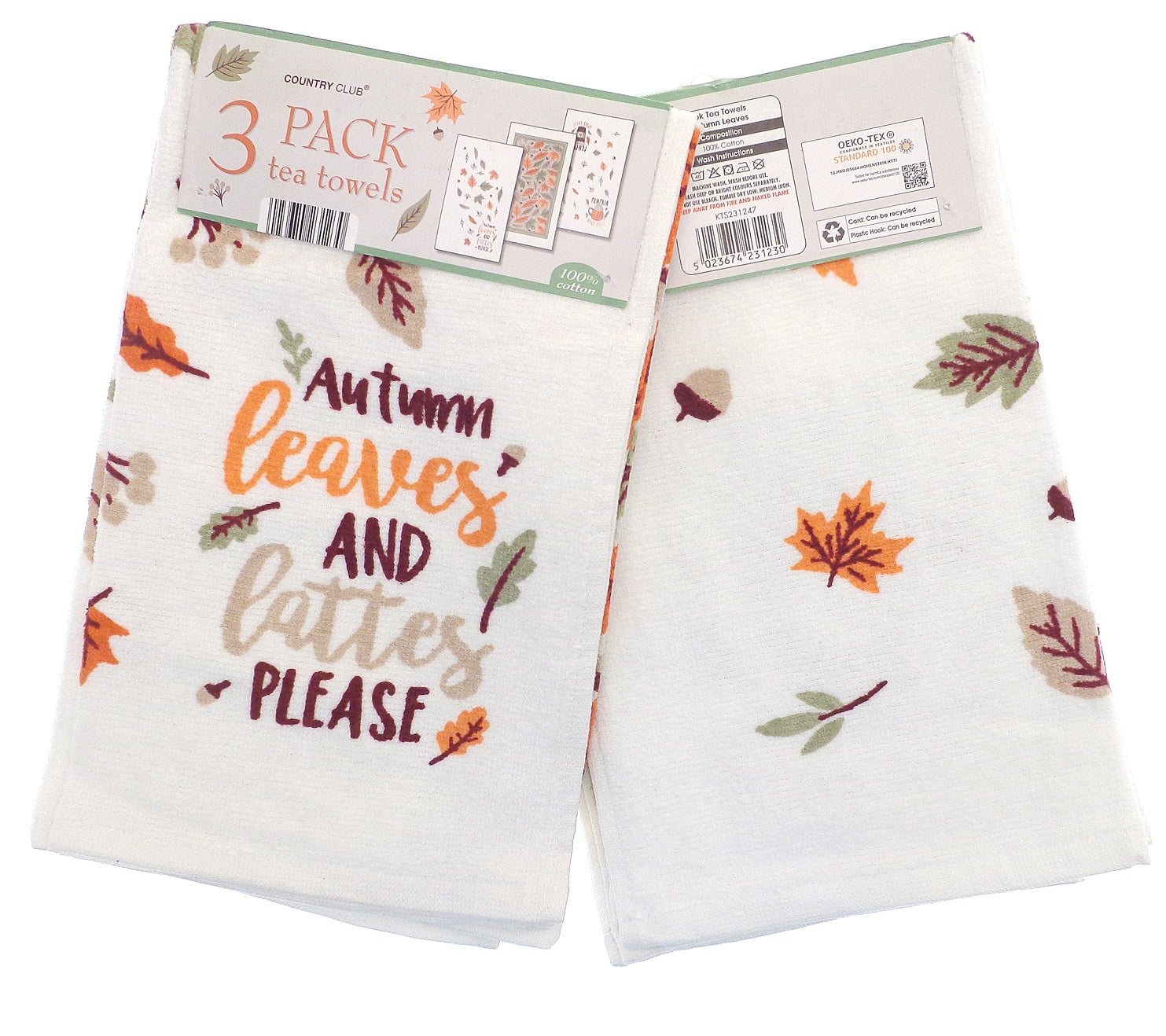 3pk Autumn Leaves Kitchen Tea Towel - Green