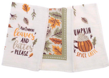 3pk Autumn Leaves Kitchen Tea Towel - Green
