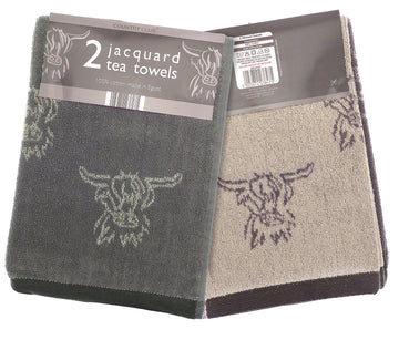 2pk Highland Cow Jacquard Tea Towel - Natural & Grey