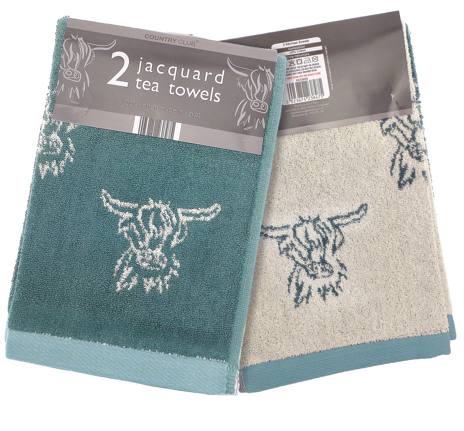 2pk Highland Cow Jacquard Tea Towel - Sage & Cream