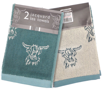 2pk Highland Cow Jacquard Tea Towel - Sage & Cream