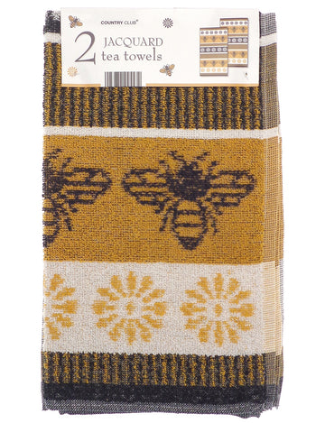 2pk Jacquard Honey Bee Kitchen Tea Towel, Yellow